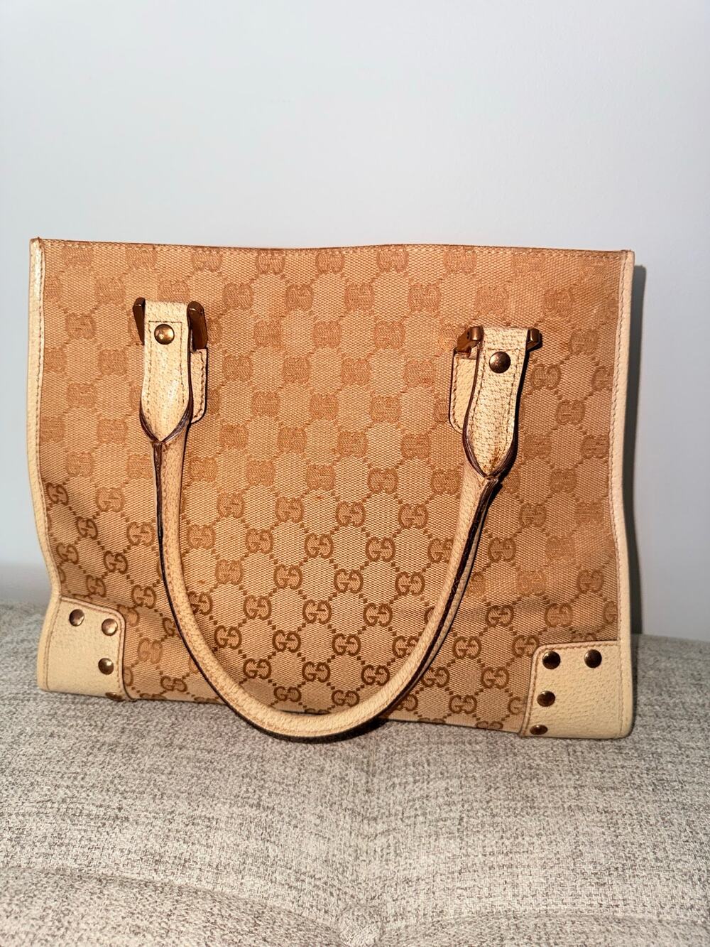 Gucci GG Supreme Canvas Tote Beige w Cream Leather Trim, Gold Hardware, Studded